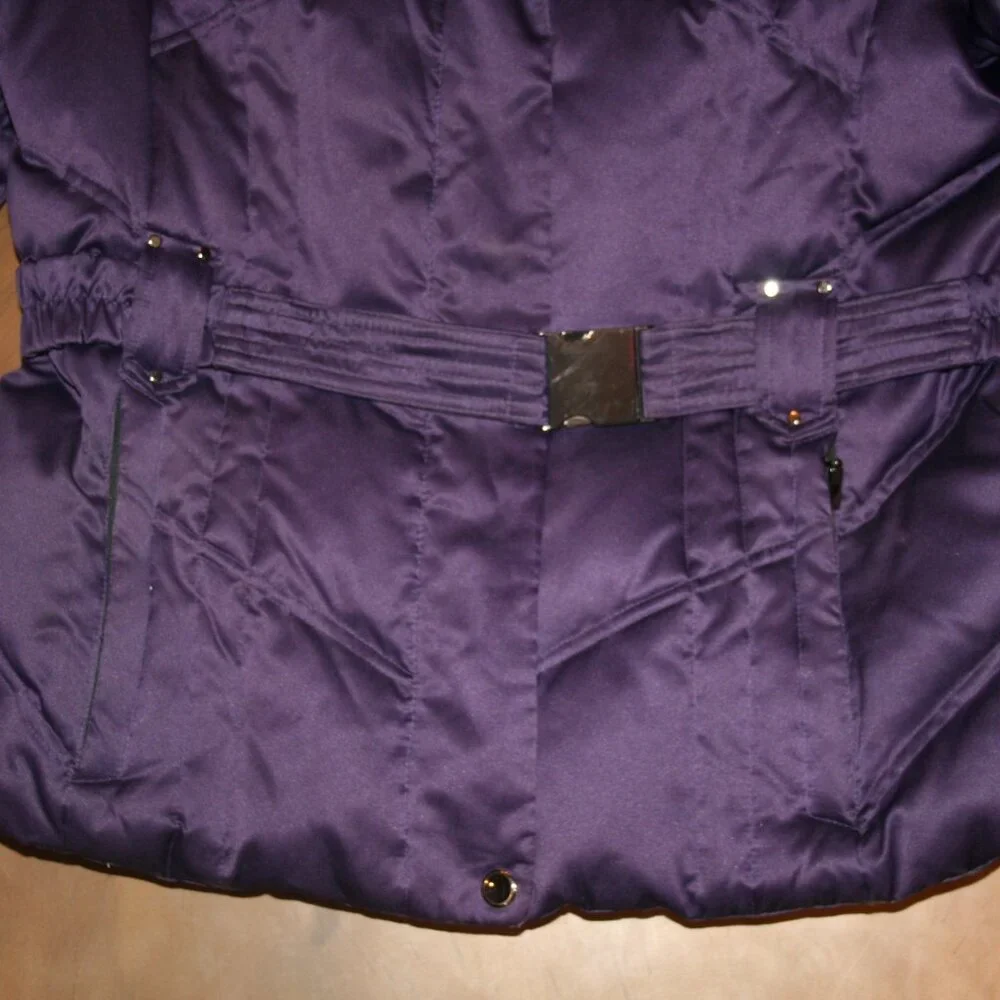 A.N.A Purple XL Down Puffer Faux Fur Trim Hood Zip Snap Jacket Coat Belt Winter - Picture 5 of 12